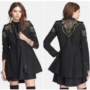 Free People Size 4 Embroidered Sergeant Coat Charcoal Military‎ Boho